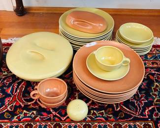 Large selection (small sample pictured) of Russel Wright Iroquois pottery in Mustard and Cantaloupe..