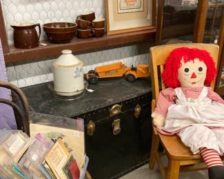 large trunk, vintage chairs, crock chicken waterer with glass dish, large Raggedy Ann