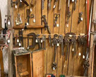 antique and vintage tools, tool box, cans, etc.
