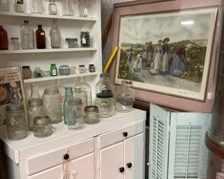 bottles and jars, The Berry Pickers, white kitchen cabinet, crock butter churn, shutters, WWII crate