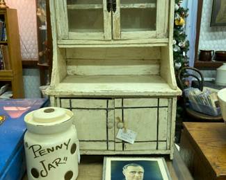 1956 penny jar, small antique toy kitchen cabinet