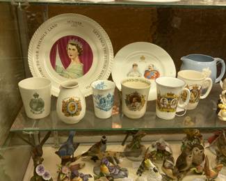 teapots, British royal commemoratives, birds and flowers