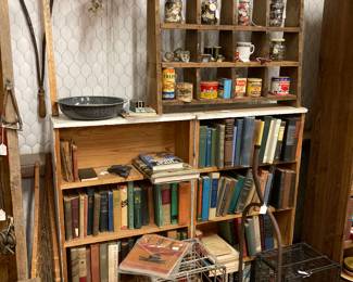 antique and vintage books, crates, buttons, tins, etc.