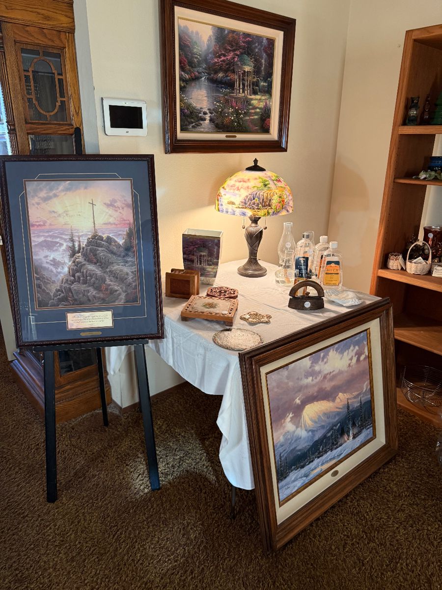 Thomas Kinkade paintings, print, Vase and Lamp.  Oil lamps and some miscellaneous antiques.