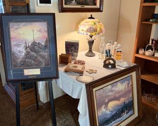 Thomas Kinkade paintings, print, Vase and Lamp.  Oil lamps and some miscellaneous antiques.