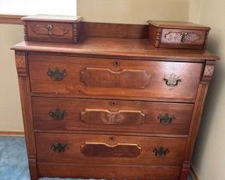 19 AntiqueWoodDresserwCarvedDetailsBrassPulls