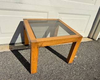 45 SquareWoodSideTablewSmokyGlassTop