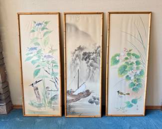 15 Setof3FramedAsianSilkArtworkBirdsBlossomsBoatScene