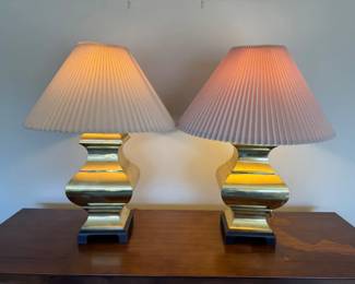 29 PairofCurvedBrassTableLampswPleatedShades