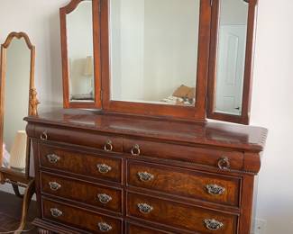 Vanity mirror and horizontal dresser. Part of bedroom set.