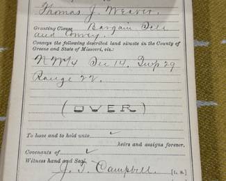 Here is Junius T. Campbell’s signature. Some info about him: Junius T. Campbell, from Tennessee, moved to Springfield, MO in 1831. He started his eight-year business by opening the first mercantile for the town. The opening of this store also began commerce for the little log cabin community. It wasn’t long before more stores, mills, a school, a post office, and other businesses started operating. In 1832, the community celebrated one of the first wedding ceremonies when Junius married Mary A. Blackwell. The two were parents of 14 children including John P. Campbell, former owner of the Gray/Campbell farmstead home.
Mr. Campbell held many prominent positions in Springfield. Between 1836 and 1855 he was the Justice of the Peace (although he only worked one case before resigning), County Treasurer, Postmaster, and County Sheriff. In 1876, Junius was the president of the Old Settlers’ Association.