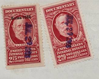 U.S. Documentary Internal Revenue stamps from the Series of 1952, with a face value of $2.20 and $2.75. Very collectible and valuable.
