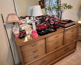 Mid-century bedroom set. 3 pieces Full bed, mirrored dresser and night stand $400