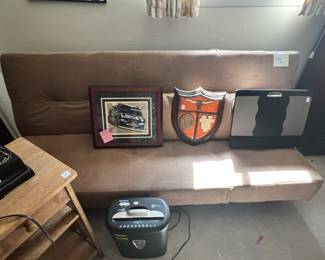 Futon couch, art, shredder, lap desk 