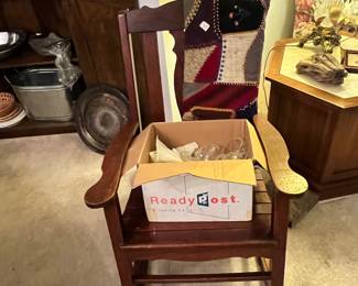 Antique rocker
Antique handmade wool quilt top
Luncheon plates w/ punch cups