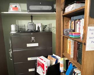 Filing cabinet, bookshelf, office items. SWANN security system not for sale