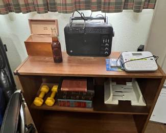 Wood bookshelf, label maker, radio