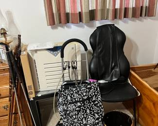 Vintage golf clubs, cart, air purifier, chair, massager