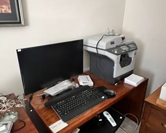 Monitor, printer, wood credenza, small office table/stand