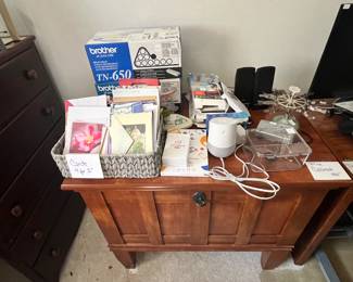 Solid wood filing cabinet in Mission style, greeting cards, office supplies 