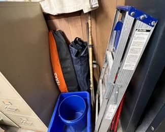 Ladder, step stool, recycle bins, chairs