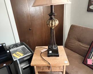 Rustic wood shelf, lamp