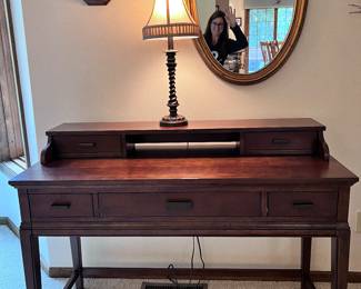 WRITING DESK, OVAL MIRROR, LAMP