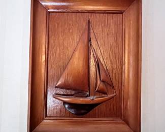 SMALL WOOD CARVED SAILBOAT PLAQUE