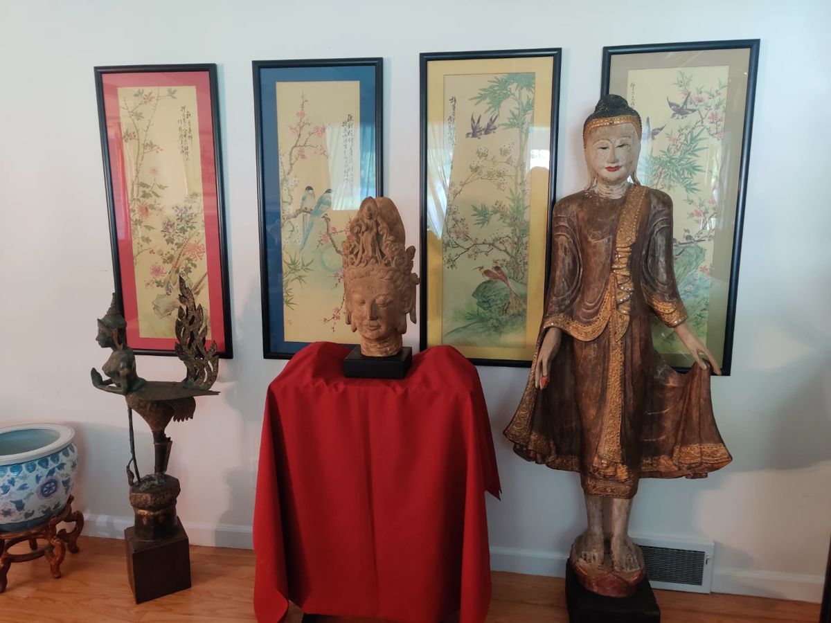 Indonesian Bronze Statue, Ghandiran Bust, Wooden Asian Woman Statue, 4 Chinese Paintings
