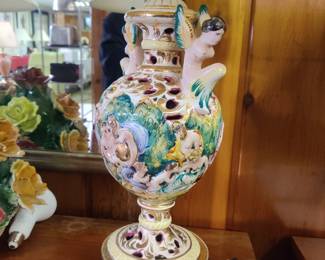 close up of one of the pair of "x rated" capodimonte lamps