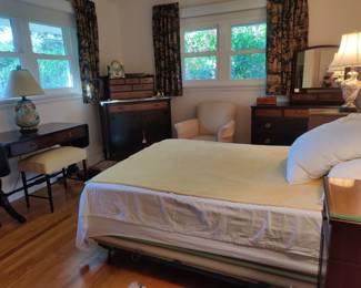Endtables, with door concealing drawers-desk, bench, tall and long dresser and mirror, bed