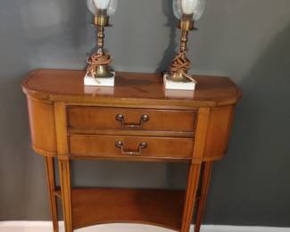 Antique side table, pair of lamps