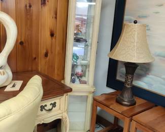 French provincial curio, desk, chair, Stickley end tables,