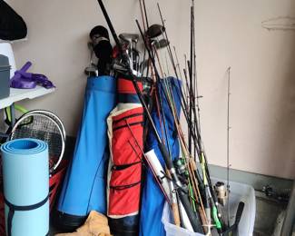 Soporting goods, basketball, golf clubs, yoga mat, Fishing poles, Roller blades