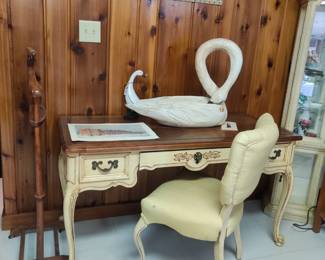 French provincial desk, chair, carved swan, punch art swan, gentlemen's valet