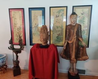 Indonesian Bronze Statue, Ghandiran Bust, Wooden Asian Woman Statue, 4 Chinese Paintings