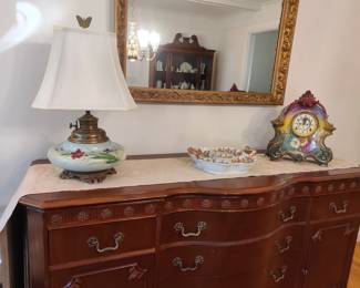 Side board to the dining room set, Ansonia Clock, Antique lamp, German divided serving plate