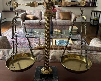 iTALIAN BRASS SCALE OF JUSTICE AND WEIGHTS