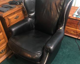 VINTAGE HEAVY THICK LEATHER BARRISTERS OFFICE WING CHAIR WITH CUSTOM SILVER TACKING