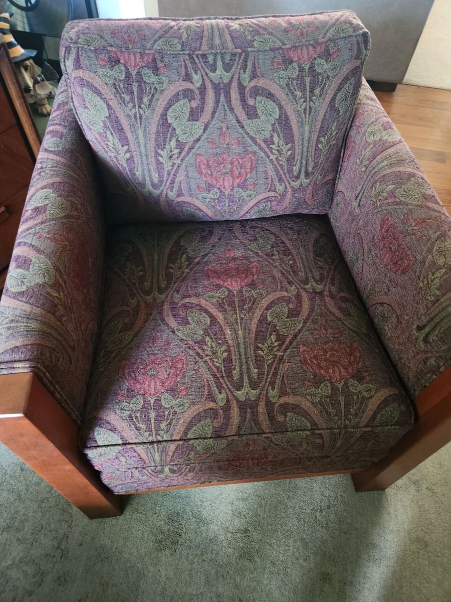 Stickley Highlands Chair upholstered in rich Art Nouveau fabric, like new. One throw pillow in same fabric (not photographed). Overall measurements 36" deep, 29.5" wide, 28" high. New purchase price $4,699.