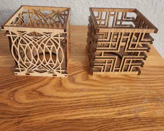 Frank Lloyd Wright Votive Holders - laser cut wood. Blossom House on the left, Martin House on the right