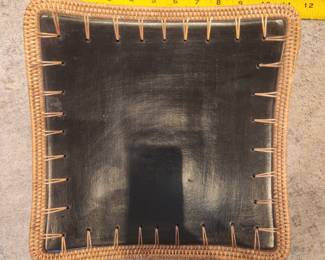 Pottery woven with rattan. Square plate approximately 10.5"