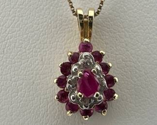 Ruby, diamond 10kt gold pendant and box chain