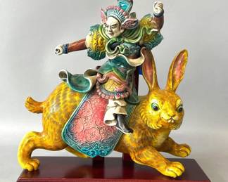 Terracotta polychrome Asian warrior on rabbit figurine