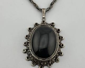 Mexican sterling chain with sterling, obsidian pendant