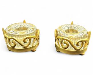 Pair of Vintage Glass & Gilt Metal Taper Candle Holders