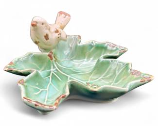 Creative Co-op Ceramic Leaf & Bird Trinket Dish