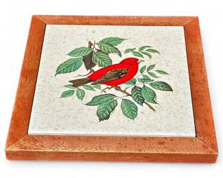 Vintage Ceramic Tile & Wood Trivet w/ Bird Design