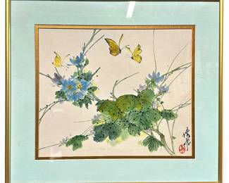 Original Asian Brush Painting, Butterflies & Flowers, Signed