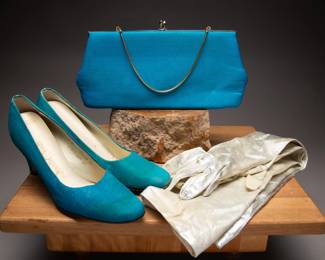 3 piece lot of 60s era silk Peacock Blue heels, silver lame evening gloves and matching dyed blue handbag